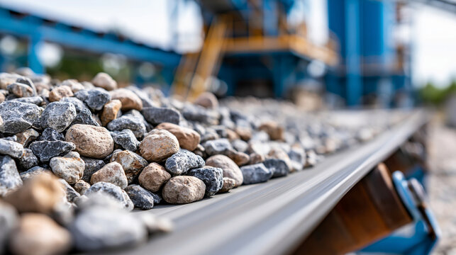 Close-up of rare earth metal ore on a conveyor belt, critical mineral extraction and processing concept, defocused, with copy space