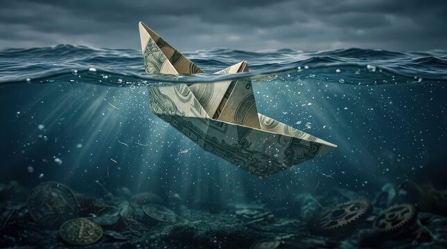 Paper money boat sinking in dark blue ocean water