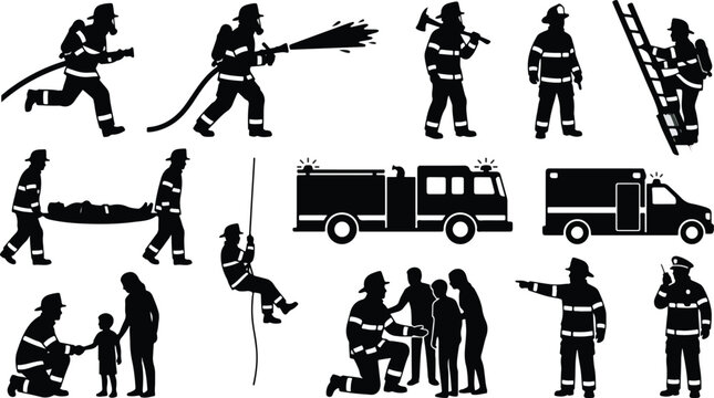 Firefighter rescue operation and emergency department silhouette set