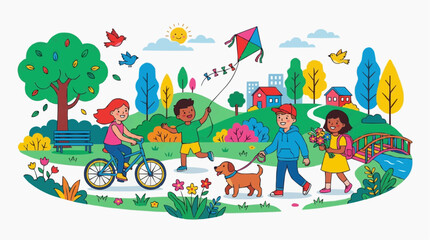 Fototapeta premium Diverse children enjoying a sunny day in a park with a dog, kite, and bicycle Isolated on white background