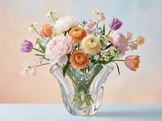 Obraz premium Vibrant spring flowers bouquet in clear glass vase