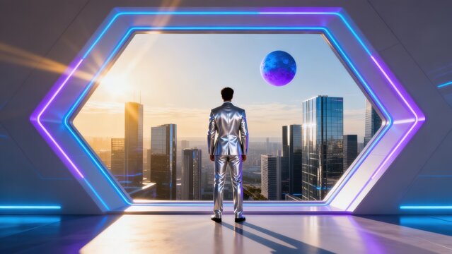 Man in futuristic room viewing cityscape