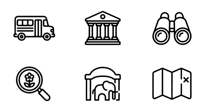 Educational Icons: School Bus, Museum, Binoculars, Magnifying Glass, Zoo, Map
