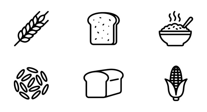 Grain Icons: Wheat, Bread, Cereal Bowl, Rice, Loaf, Corn Vector Set