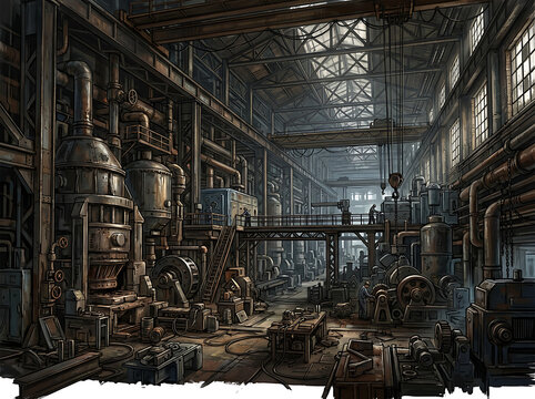Vintage industrial workshop with machinery and tools.