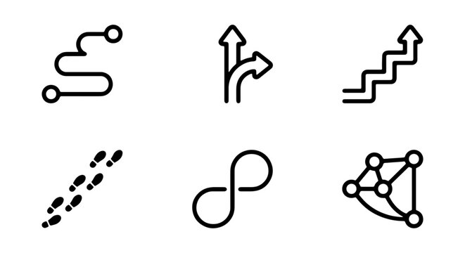 Path Icons, Navigation Symbols, Growth Stairs, Footprints, Infinity Loop, Network Graph