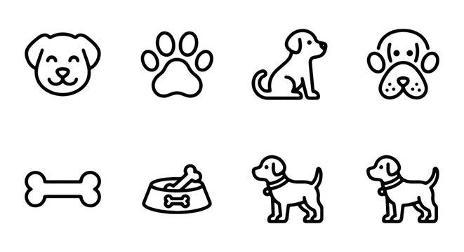 Dog Icons Set, Puppy Vector Graphics, Pet Symbols, Canine Art Collection