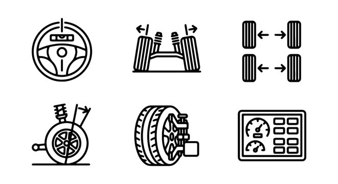 Automotive Steering and Suspension Icons, Vehicle Alignment Symbols, Car Mechanics Set