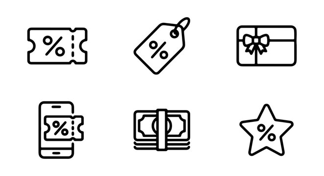 Discount Icons Set, Coupon Tag Gift Card Money Star Vector Graphics
