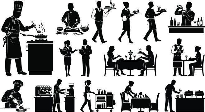 Restaurant kitchen staff and dining service silhouettes set