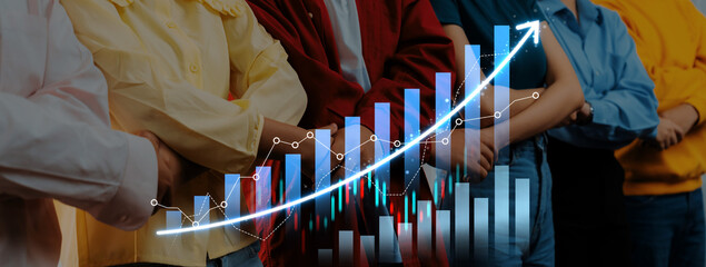 A diverse group of individuals stands confidently with arms crossed in front of an illustrative financial growth graph, depicting teamwork and aspiration in a business context. Scalp © InfiniteFlow