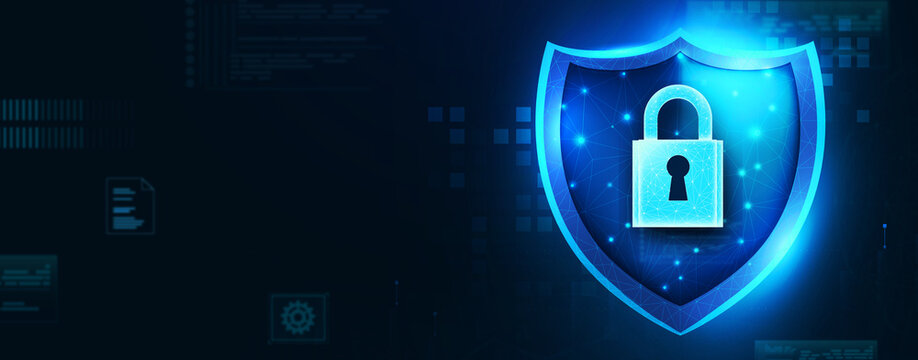 Glowing digital shield with padlock on dark blue background