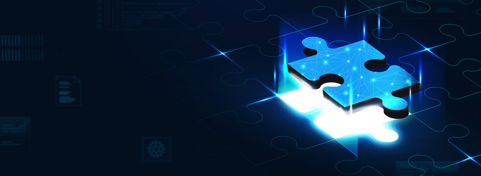 Glowing digital puzzle piece rising from a dark blue grid