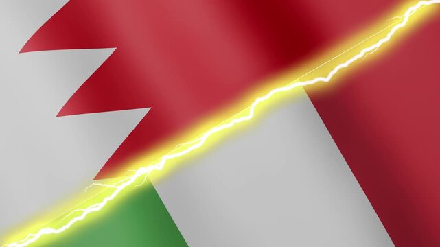 Two waving flags Bahrain and Italy with diagonal lightning seamless, 4k loop