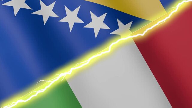 Two waving flags Bosnia and Herzegovina and Italy with diagonal lightning seamless, 4k loop