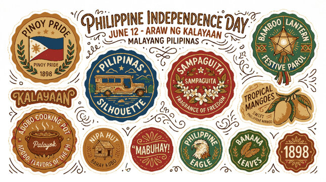 Philippine independence day celebration badge sticker set with cultural symbols