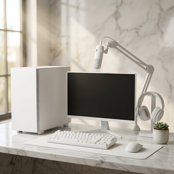 Modern Minimalist Workspace With Computer Monitor Setup.
