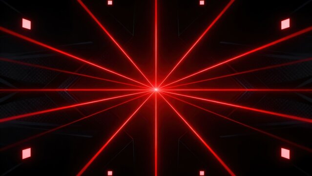 Red laser beams converging in dark space