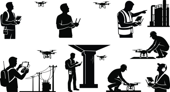 Drone pilot and industrial inspection silhouettes set