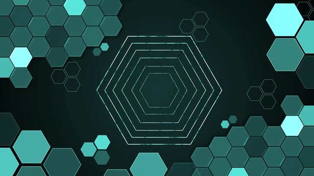 Monochrome hexagon concentric background animation, Dark abstract background with concentric hexagon lines at center and scattered 3d hexagonal tiles
