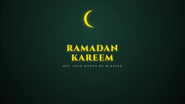 Ramadan Kareem greeting animation with yellow crescent moon on green background