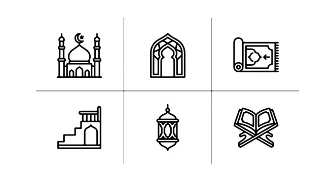 Islamic Icons Set: Mosque, Prayer Rug, Quran, Minbar, Lantern, Archway