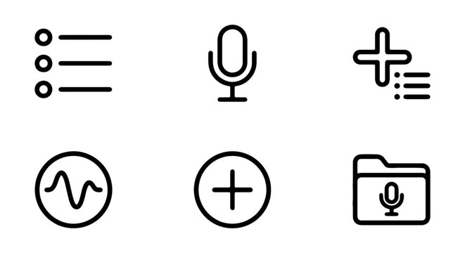 Minimalist Audio Icons Set, Microphone, Waveform, List, Add, Folder, Vector Graphics