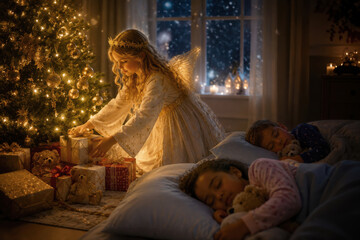 Obraz premium Traditionelles Christkind legt heimlich Geschenke unter den Weihnachtsbaum, während Kinder friedlich schlafen und Weihnachten näher rückt.