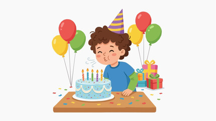 Fototapeta premium Young boy wearing a party hat blows out candles on a birthday cake surrounded by balloons and gifts Isolated on white background