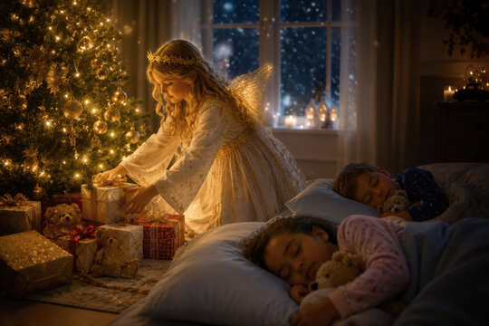 Traditionelles Christkind legt heimlich Geschenke unter den Weihnachtsbaum, w&auml;hrend Kinder friedlich schlafen und Weihnachten n&auml;her r&uuml;ckt.