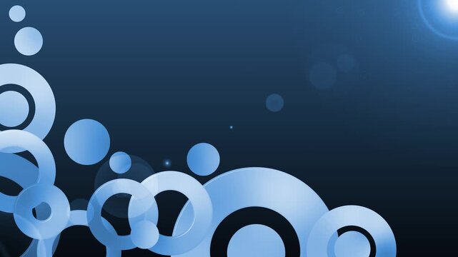 Abstract background with overlapping metallic rings and bokeh light effects on a dark gradient backdrop animation