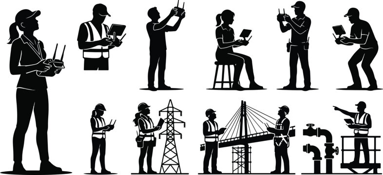 Industrial drone operators and engineering inspection silhouette set