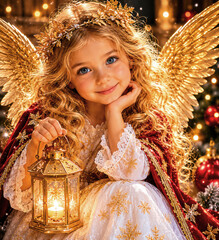 Obraz premium Liebevolles Christkind mit Laterne vor festlichem Weihnachtsbaum, umgeben von goldenem Licht und klassischer deutscher Weihnachtstradition.
