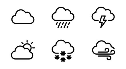Obraz premium Weather Icons Set: Cloud, Rain, Storm, Sun, Snow, Wind Icons