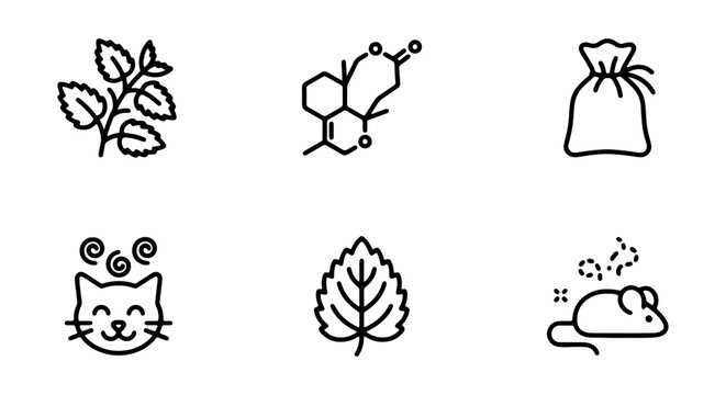 Catnip Icons: Plant, Chemical, Bag, Happy Cat, Leaf, Mouse, Vector Set