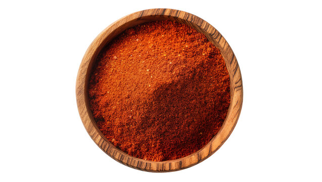 Isolated wooden bowl full of vibrant red ground paprika chili spice powder ingredient