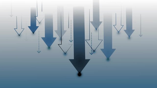 Downward arrows on gradient background animation, Abstract composition of multiple downward-pointing arrows gradient