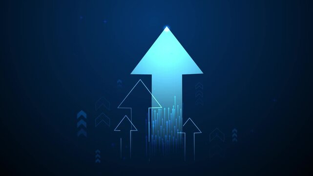 Upward arrows on dark gradient background with glowing trail and digital particles animation, symbolizing growth or progress