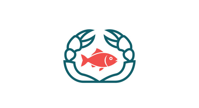 Unique Nautical Illustration Featuring Crab Claw Framing A Vibrant Fish Emblem