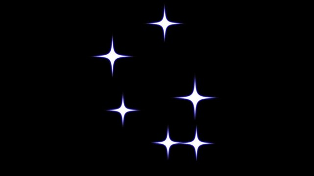 White glowing twinkle star animation with cartoon doodle sparkles, flat vector doodle sparkle, glowing light trails, 2D shining twinkle effect on black screen background. 4k video