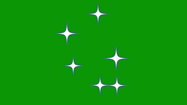 White glowing twinkle star animation with cartoon doodle sparkles, flat vector doodle sparkle, glowing light trails, 2D shining twinkle effect on green screen background. 4k video