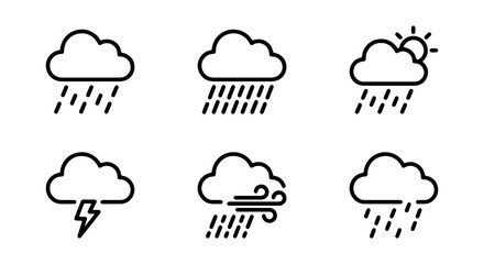 Obraz premium Weather Icons Set, Simple Cloud Symbols, Forecast Icons, Meteorology Icons, Rain, Sun, Storm, Wind