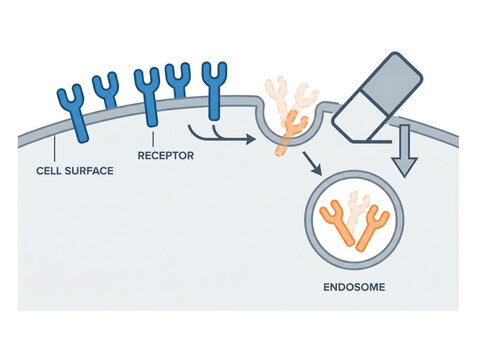 Cell receptor diagram illustrates the biological process of endocytosis where molecules bind to the surface and are internalized within an endosome for cellular interaction and metabolic signaling.