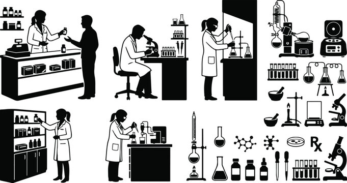 Pharmacy laboratory research and pharmacist scientist silhouette set