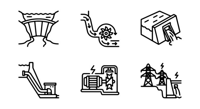 Hydroelectric Power Icons: Dam, Turbine, Generator, Transmission Lines, Renewable Energy