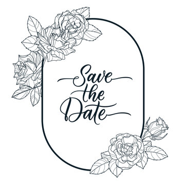Save the date flowers frame, vector line art illustration. Rose blossom, leaves and buds, hand drawn design elements
