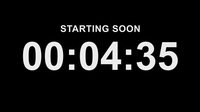 Starting soon digital countdown clock timer in 5 minute to zero second on black background with alpha channel. Animation of number to one minute to zero second count animation.