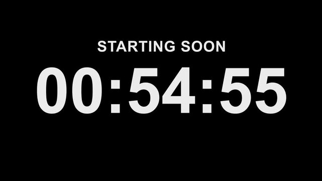 Starting soon digital countdown clock timer in 1 hours to zero second on black background with alpha channel. Animation of number to one hours to zero second count animation.