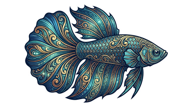 Ornate Betta Fish Illustration with Blue and Gold Decorative Patterns