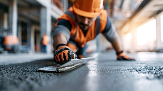 Construction worker smoothing wet concrete floor with trowel